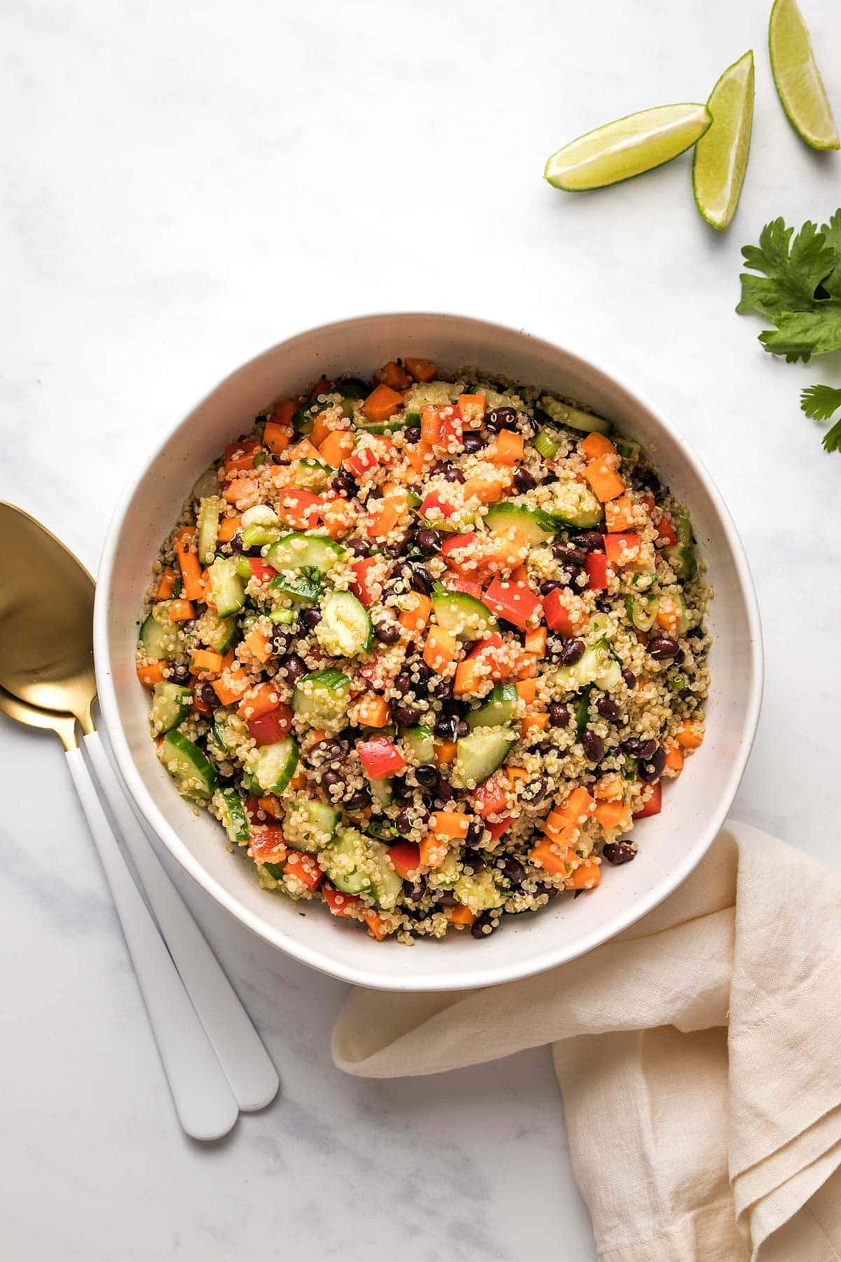 Colorful quinoa and black bean salad with fresh vegetables and herbs.