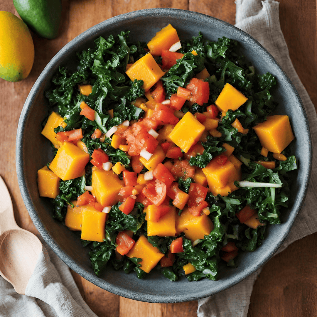 Colorful kale, sweet potato, and mango salad in a bowl, healthy vegan dish.