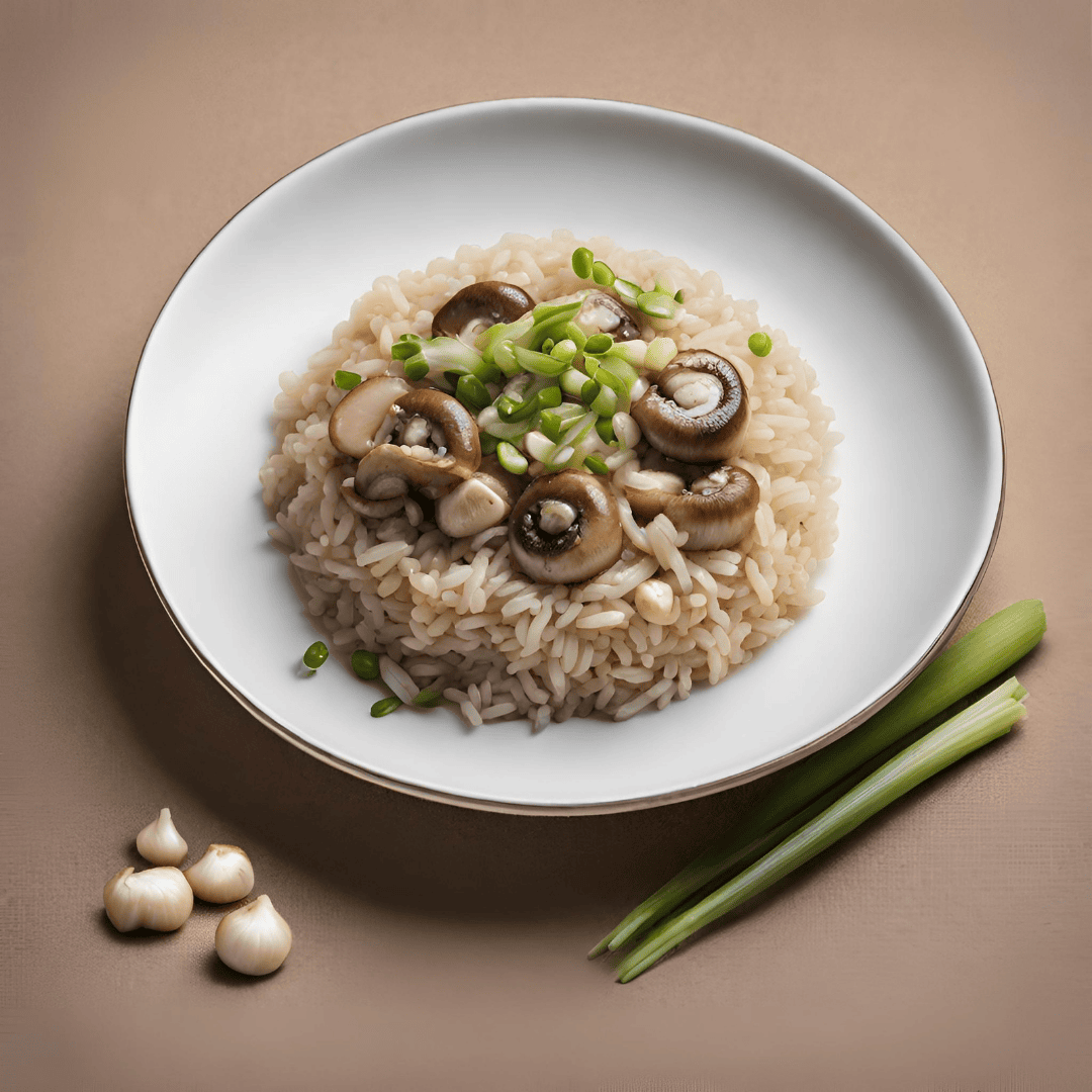 Delicious brown rice with mushrooms topped with chopped green onions, served on a white plate.