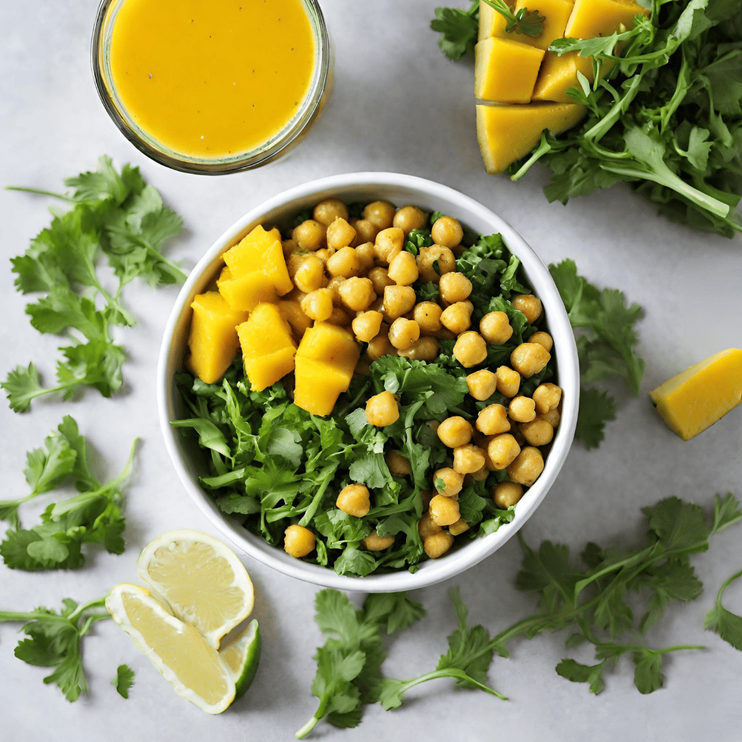 Mango chickpea salad with greens and lemon dressing, healthy vegan meal.