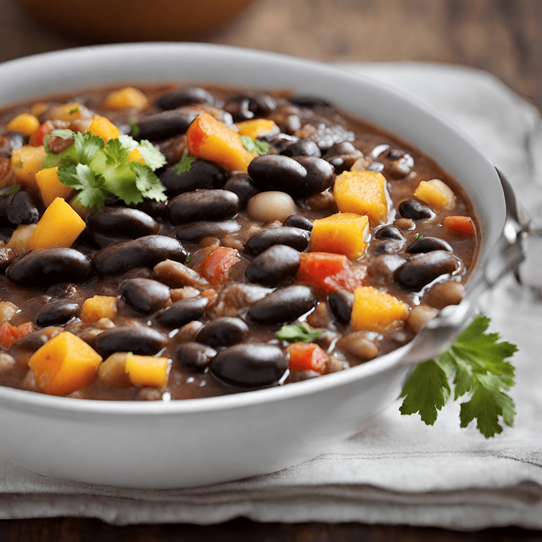 Black bean stew with vegetables and herbs in a white bowl.