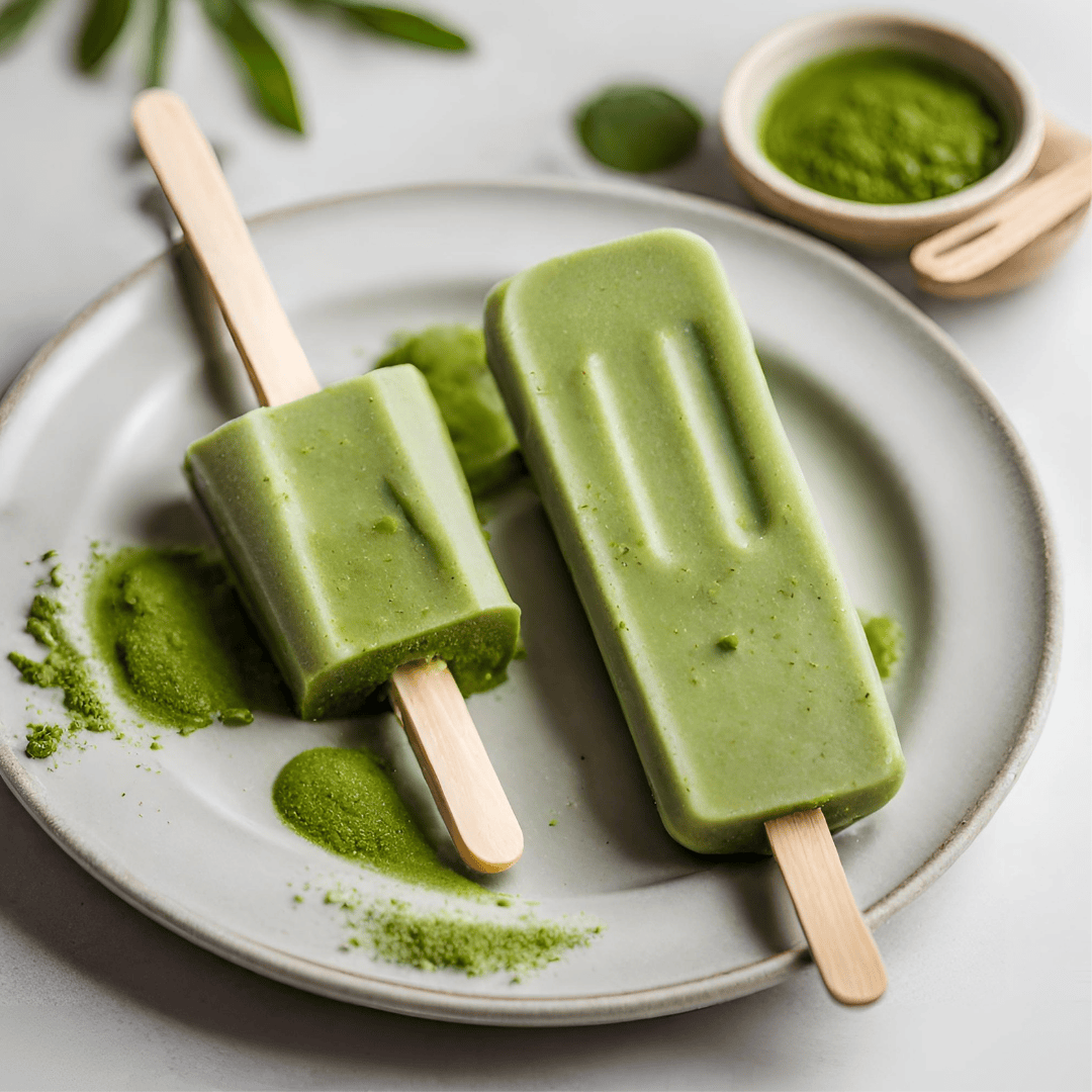 Delicious vanilla mint matcha creamsicles on a plate with green matcha sauce. Perfect for a refreshi.