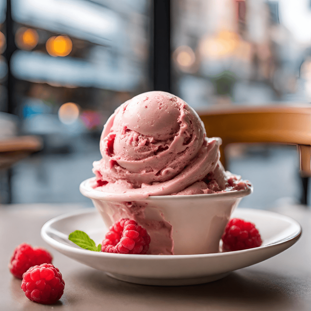 Delicious raspberry banana ice cream served in a bowl with fresh raspberries. Perfect healthy treat.