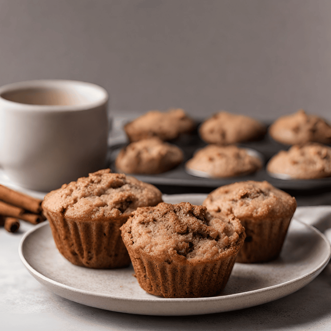 Delicious cinnamon flax muffins on a white plate with a cup of coffee in the background. Perfect for.
