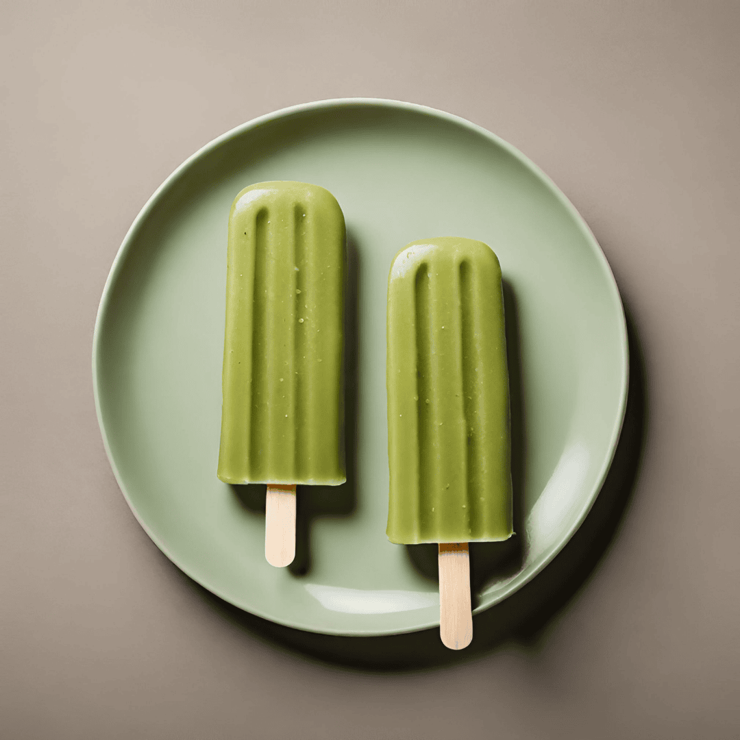 Two green avocado and green tea flavored popsicles on a light green plate.