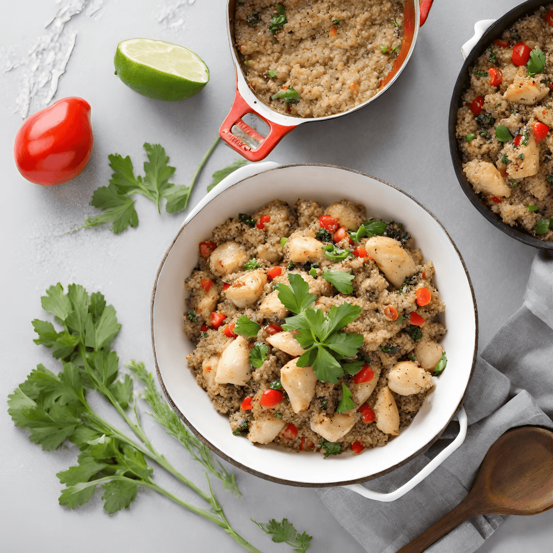 Delicious quinoa chicken dish with vegetables in a white bowl, garnished with fresh herbs.