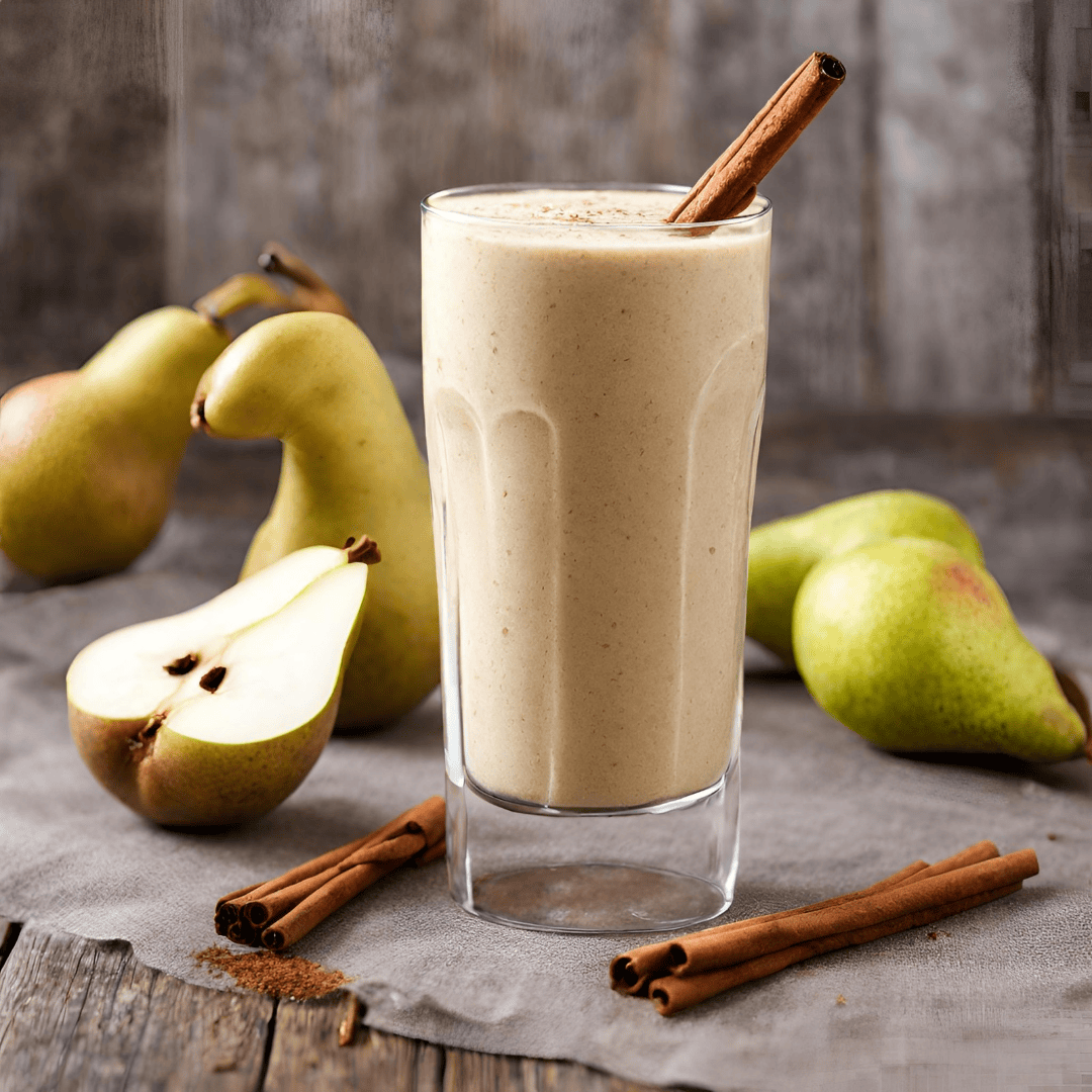 Creamy pear cinnamon smoothie with fresh pears and cinnamon sticks.