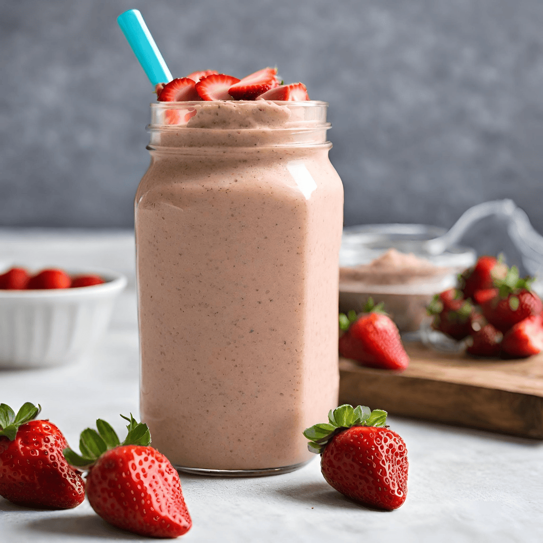 Creamy strawberry and peanut butter smoothie in a glass jar with fresh strawberries.