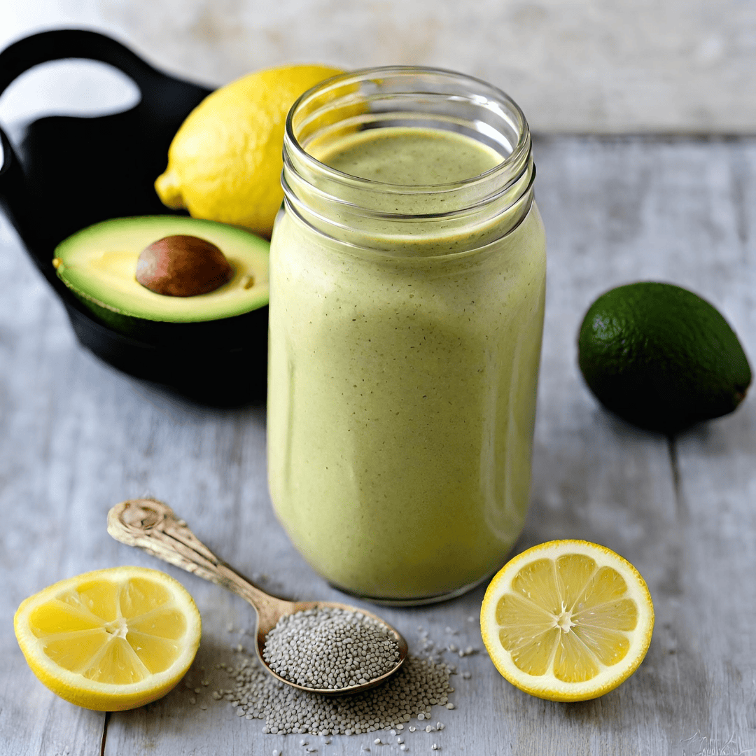 Fresh Lemon Avocado Smoothie in a jar with ingredients around.