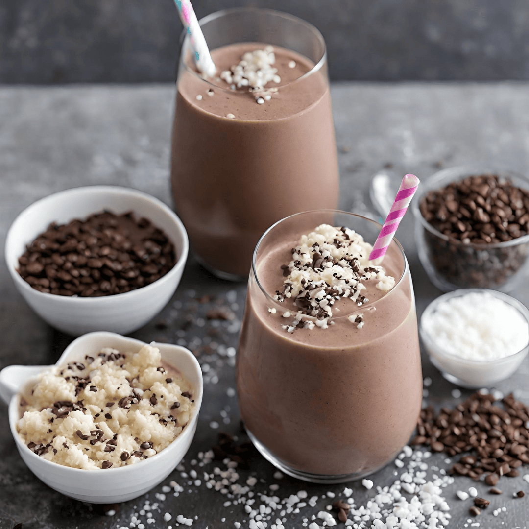 Delicious creamy chocolate yoghurt smoothie with chocolate chips and a striped straw. Perfect health.