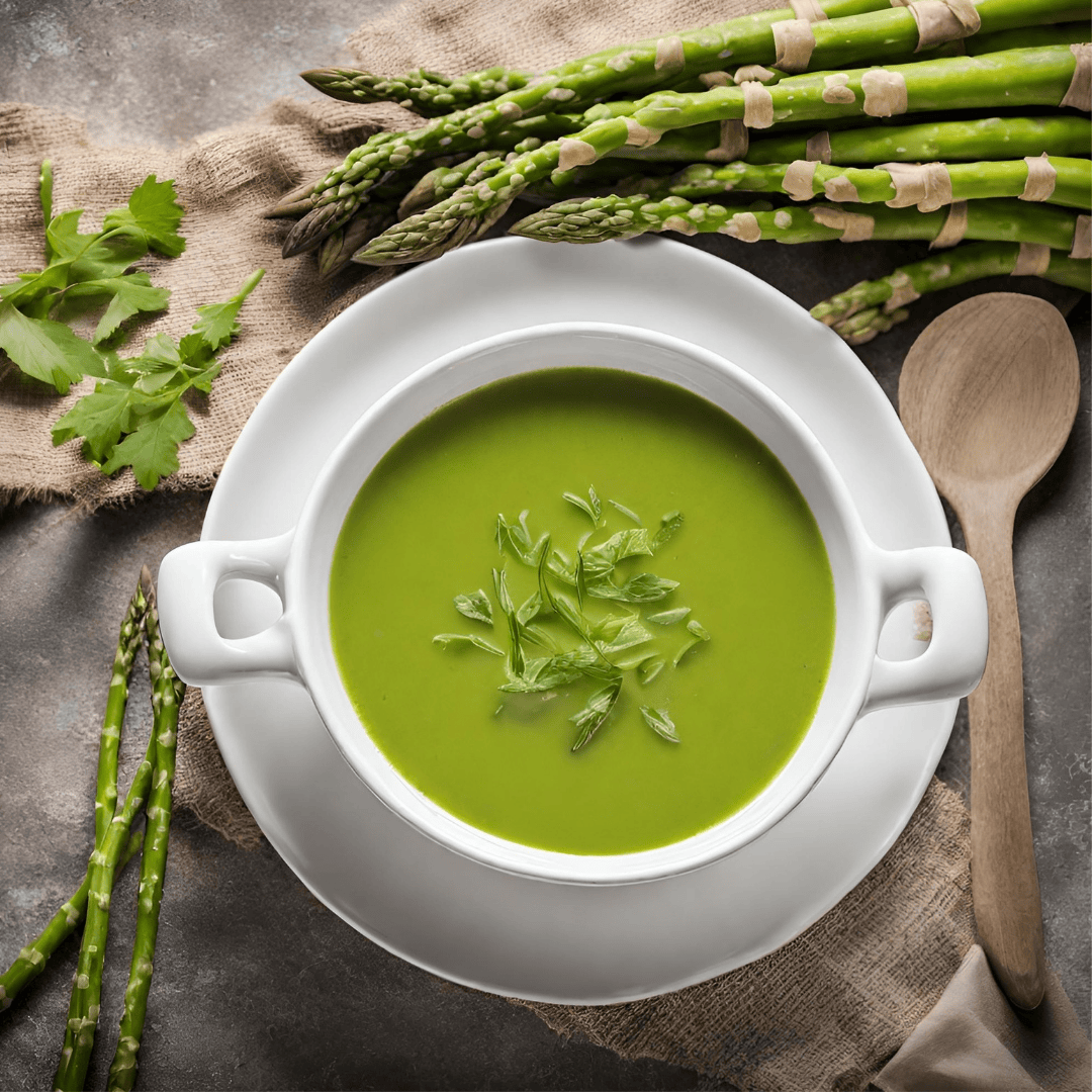 Healthy asparagus soup in a white bowl with fresh herbs.