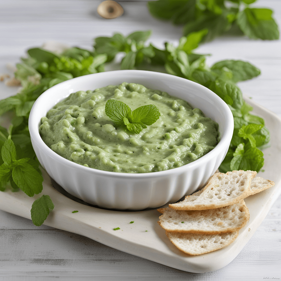 Fresh pea and mint dip in a white bowl with bread slices and herbs.
