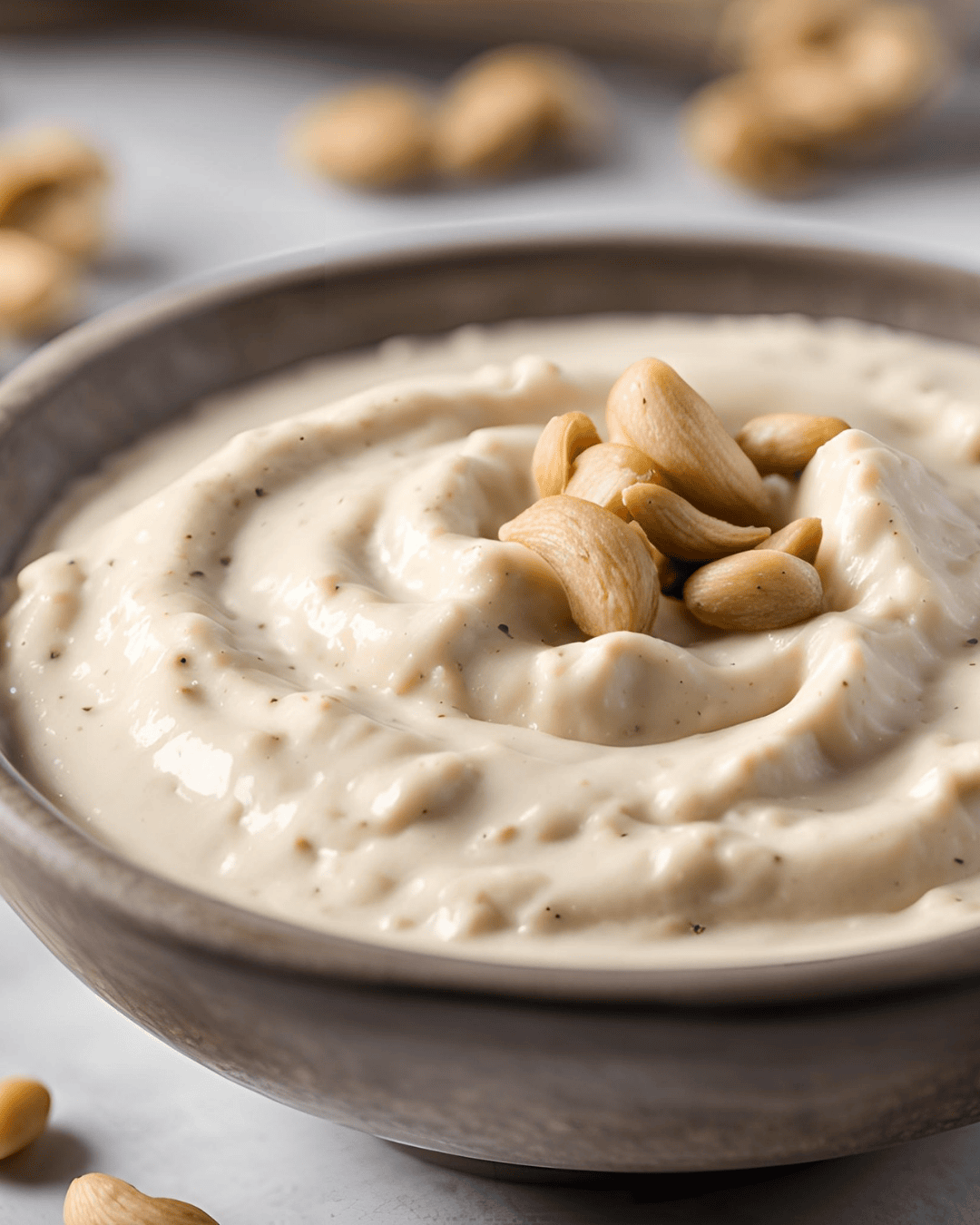 Creamy cashew cheese spread garnished with cashews, perfect for vegan snacks.