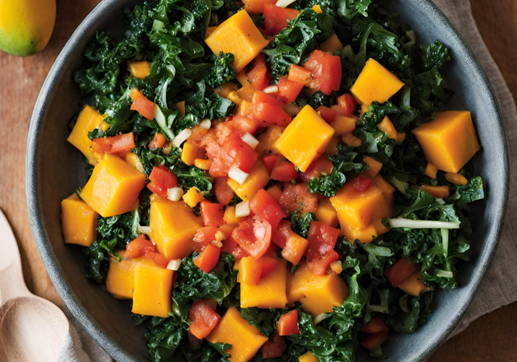 Colorful kale, sweet potato, and mango salad in a bowl, healthy vegan dish.