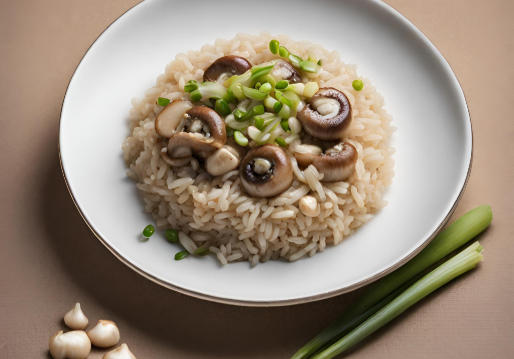 Delicious brown rice with mushrooms topped with chopped green onions, served on a white plate.