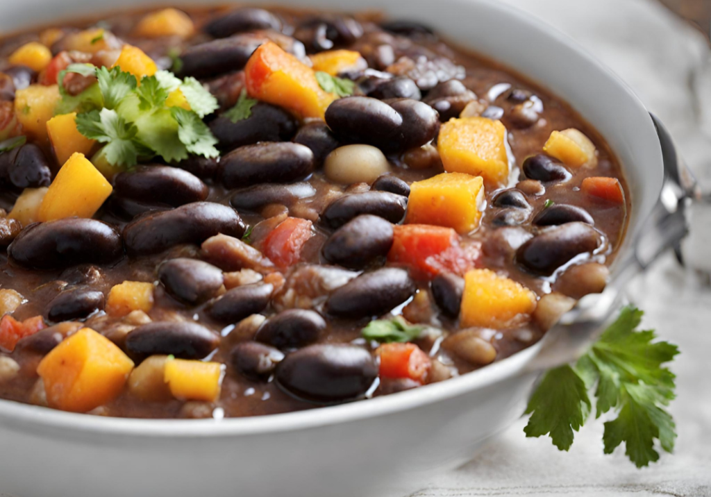 Black bean stew with vegetables and herbs in a white bowl.