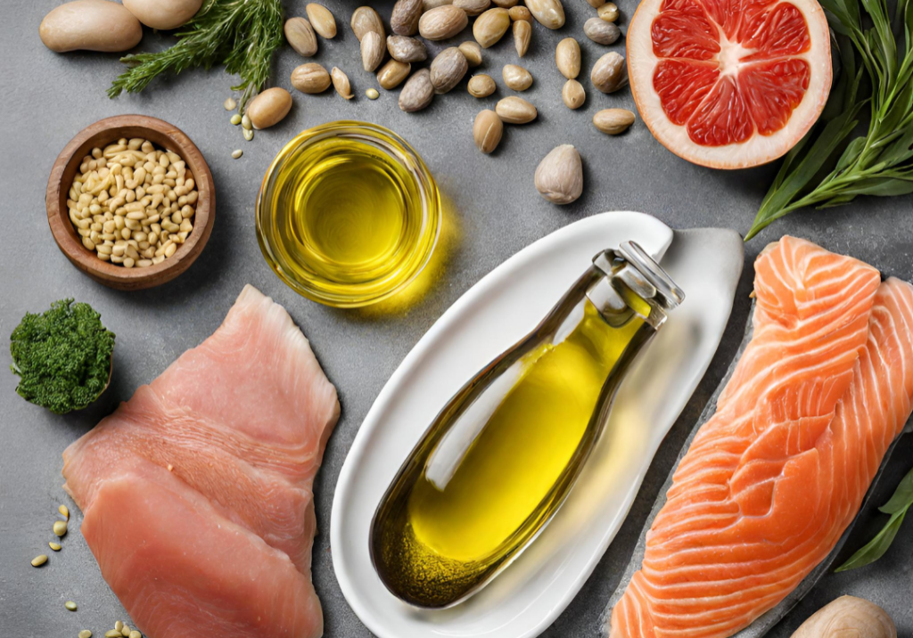 Assorted omega-3 foods including salmon, seeds, and grapefruit for gut and hormone support.