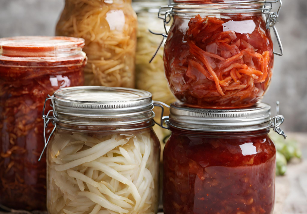 Assorted jars of fermented vegetables promoting gut and hormone health.