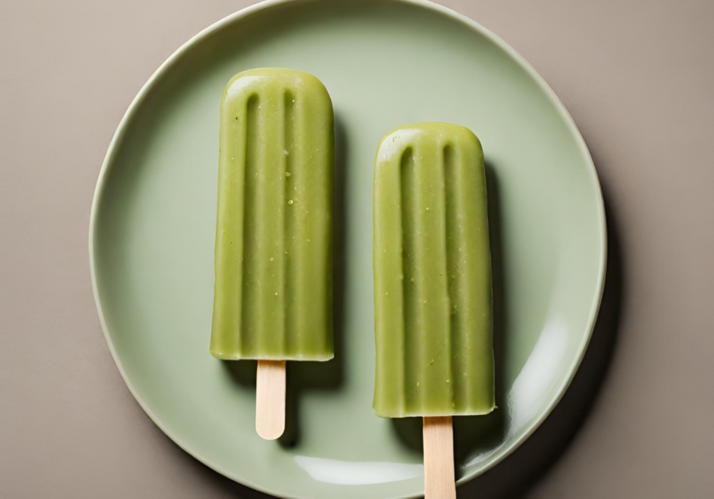 Two green avocado and green tea flavored popsicles on a light green plate.