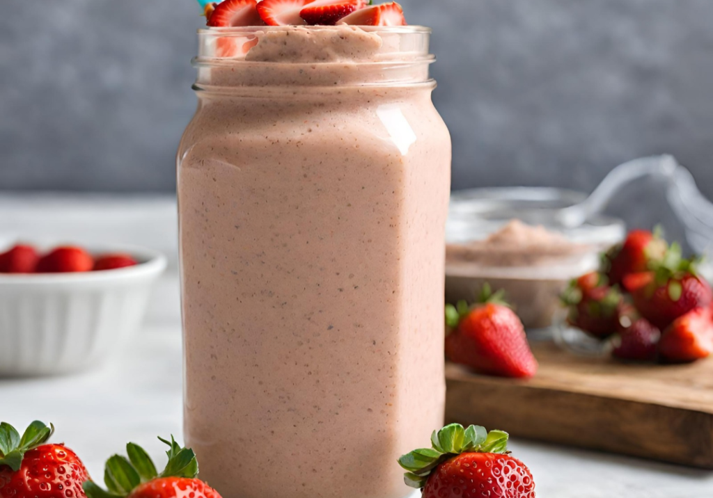Creamy strawberry and peanut butter smoothie in a glass jar with fresh strawberries.