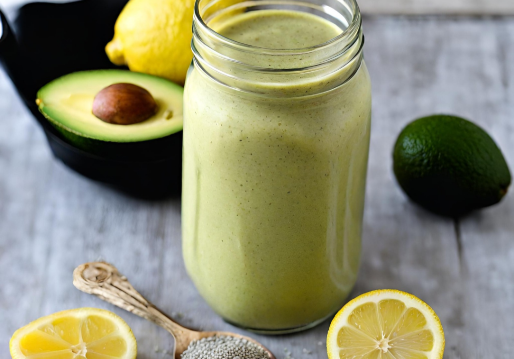 Fresh Lemon Avocado Smoothie in a jar with ingredients around.