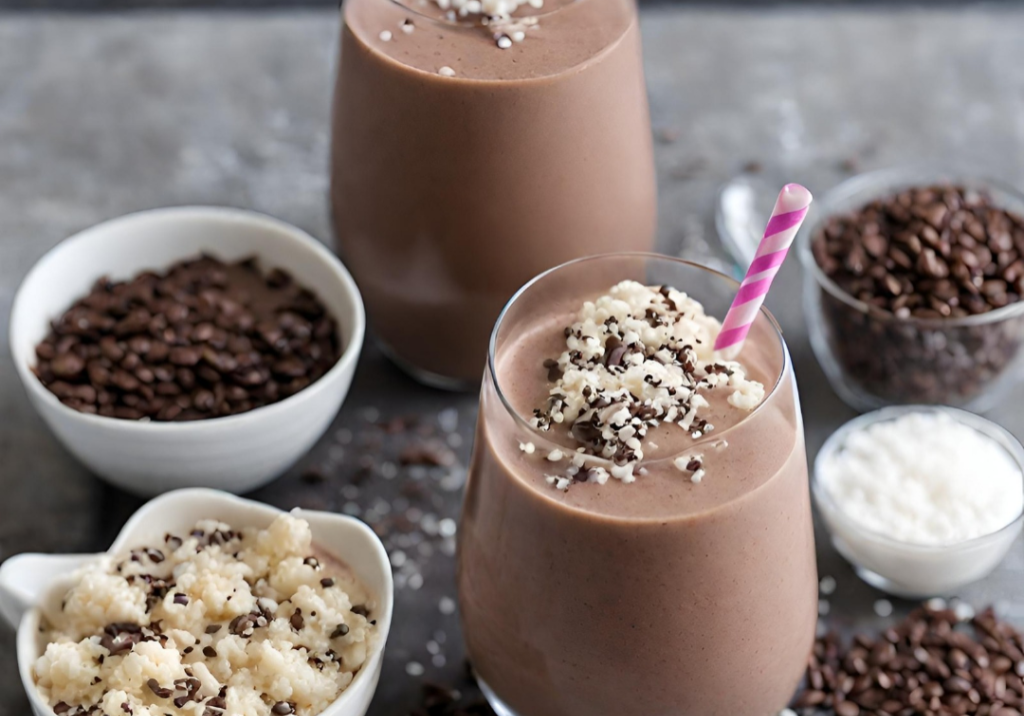 Delicious creamy chocolate yoghurt smoothie with chocolate chips and a striped straw. Perfect health.