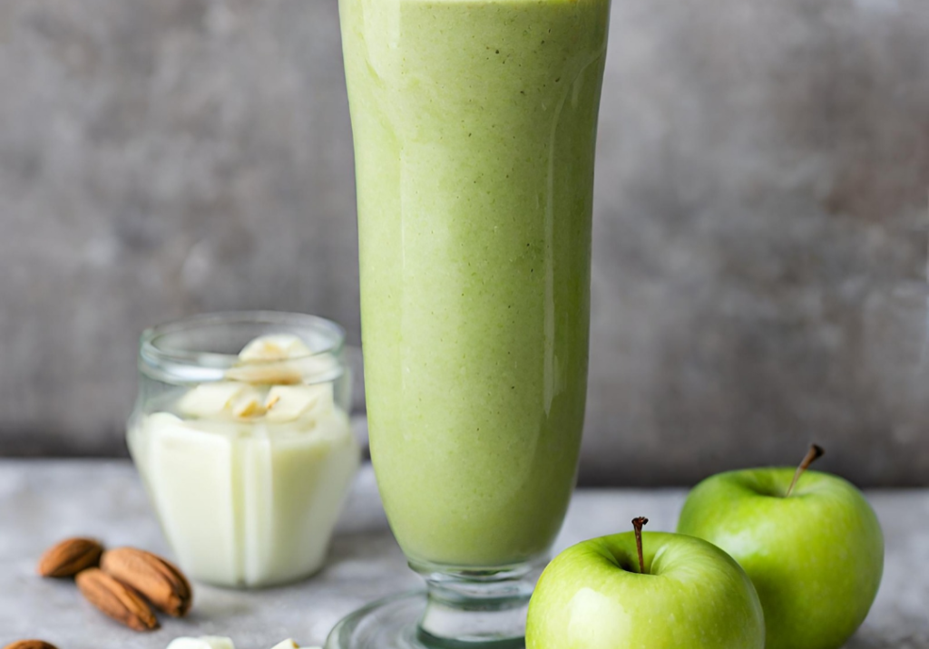 Healthy pear cinnamon smoothie with almonds and yogurt. Perfect for a nutritious breakfast or snack.