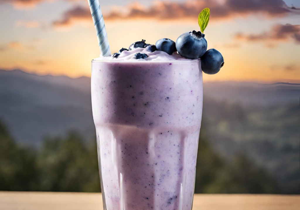 Refreshing blueberry almond milk shake with fresh blueberries and a straw.