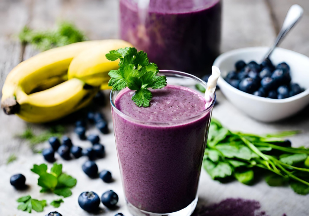 Healthy purple detox smoothie with bananas and blueberries for heavy metal removal.