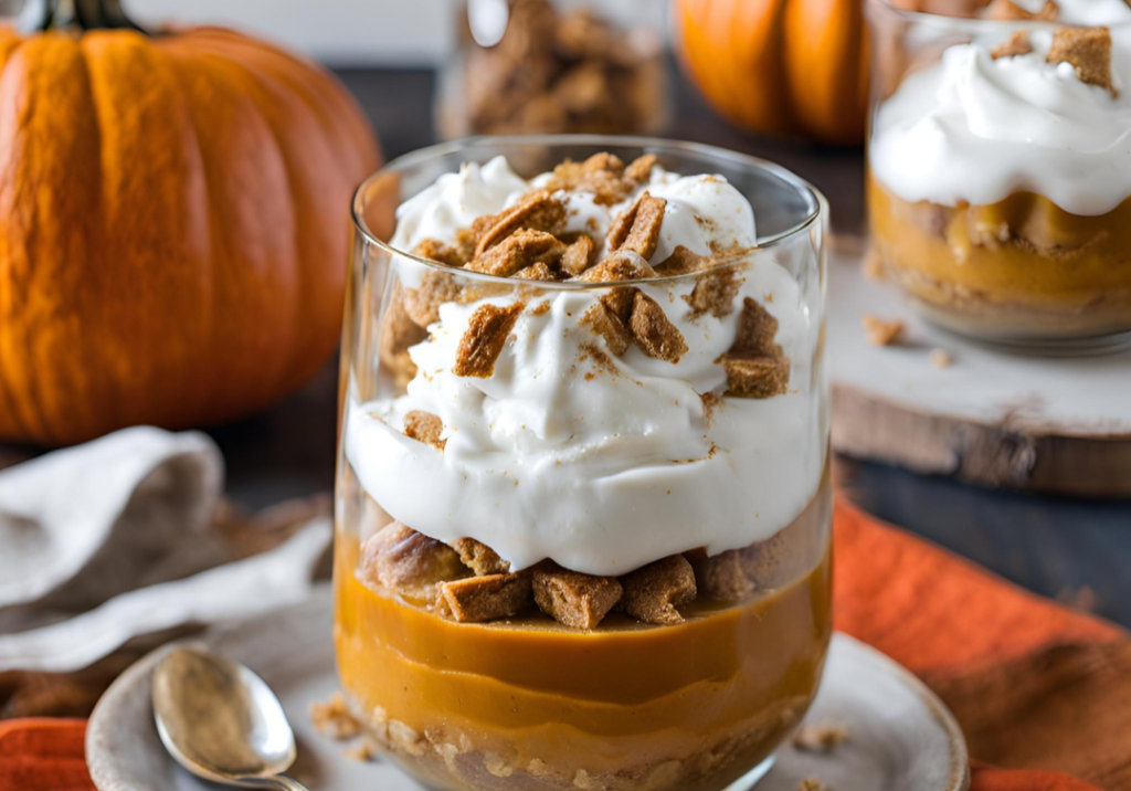 Delicious pumpkin pie parfait topped with fluffy coconut whipped cream and crunchy cookies. Perfect.