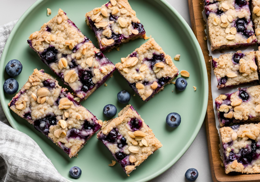 Delicious homemade blueberry oatmeal bars with fresh berries and oats. Perfect for a healthy snack o.