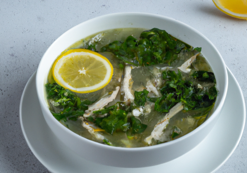 DALL·E 2023-01-29 10.06.11 - greek lemon shredded chicken parsley spinach soup in a white minimalist style bowl