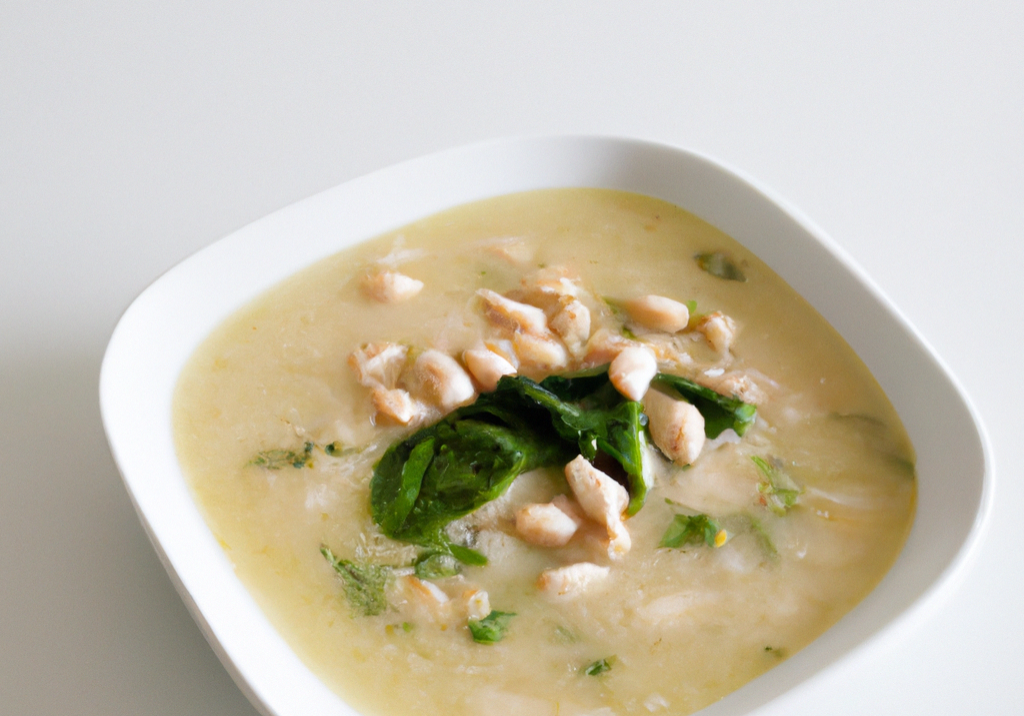 DALL·E 2023-01-29 10.08.11 - chicken and white bean, spinach leek soup in white minimalist style bowl