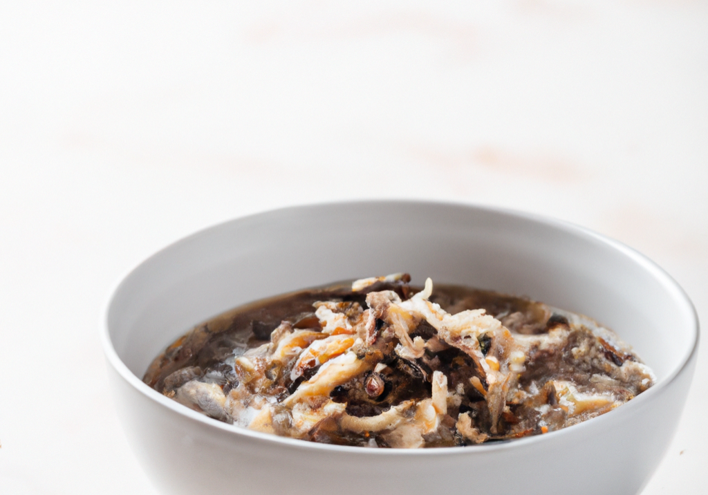 DALL·E 2023-01-29 10.14.19 - soup made of wild rice, mushrooms, and shredded turkey in white minimalist style bowl
