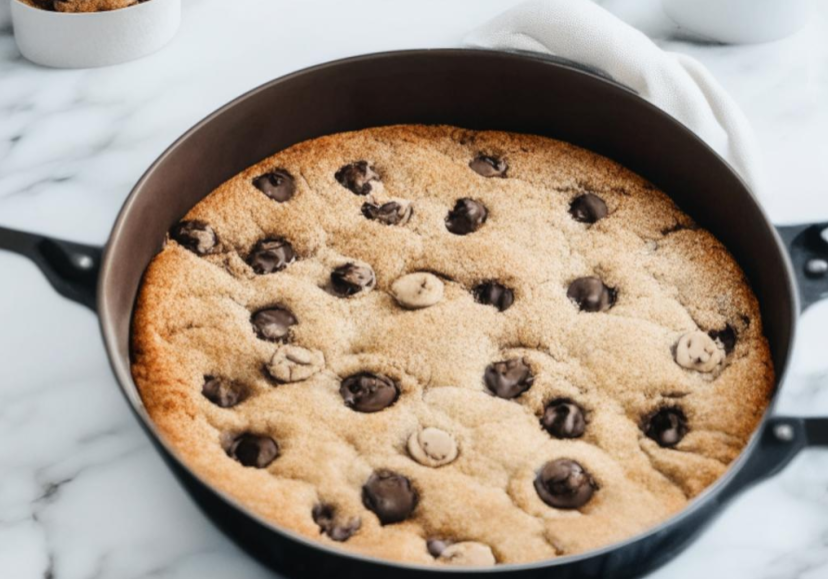 Freshly baked gooey chocolate chip skillet cookies in a black skillet on marble surface.