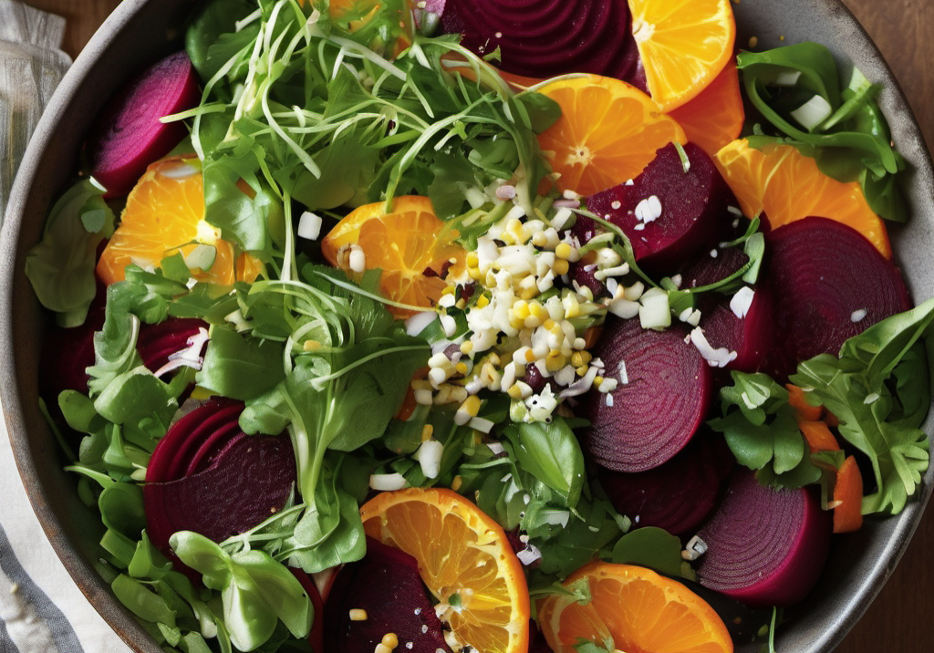 Colorful citrus and beet salad with fresh greens and herbs, perfect for a healthy, vibrant meal.