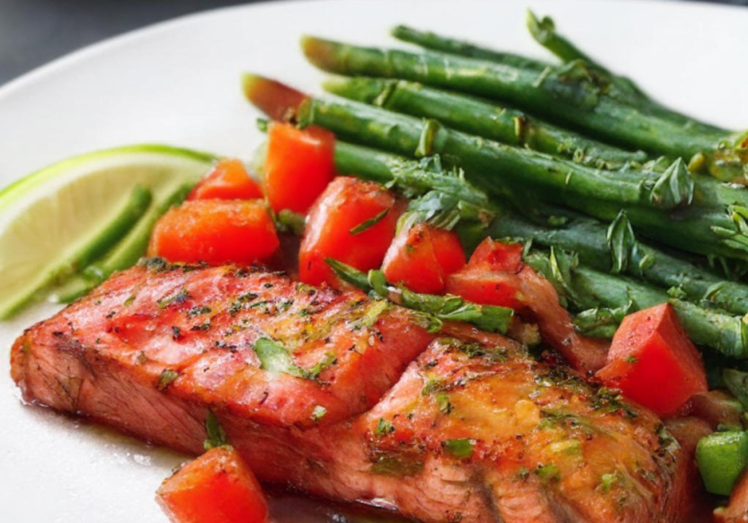 Juicy grilled salmon with fresh asparagus and zesty tomato salsa on a white plate.
