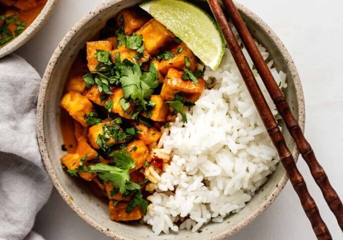 Vegan Curry Tofu with Bok Choy and Rice.