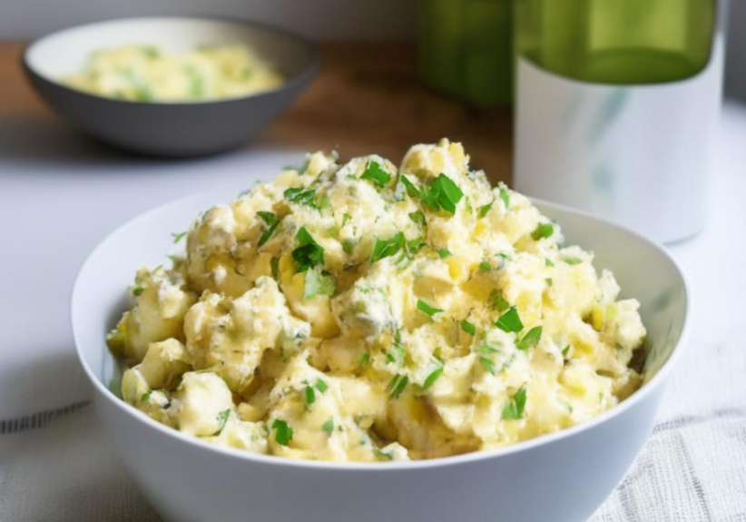 Creamy potato salad with herbs in a white bowl, perfect for summer meals.